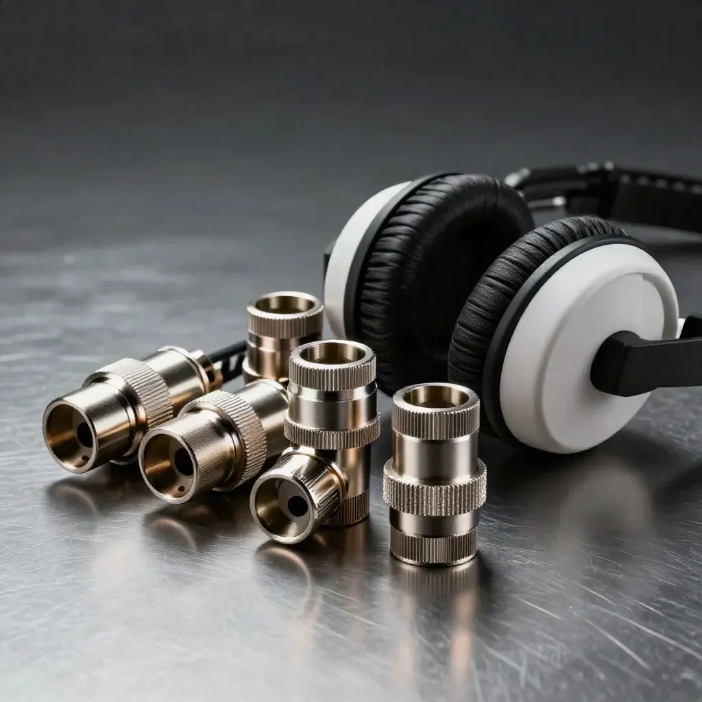 XLR-Stecker und Adapter auf gebürstetem Metall, dramatisch beleuchtet.