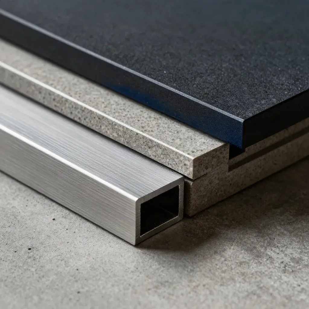 Aluminiumprofile, Steinmuster und matte Kanten auf Beton im Architekturatelier.