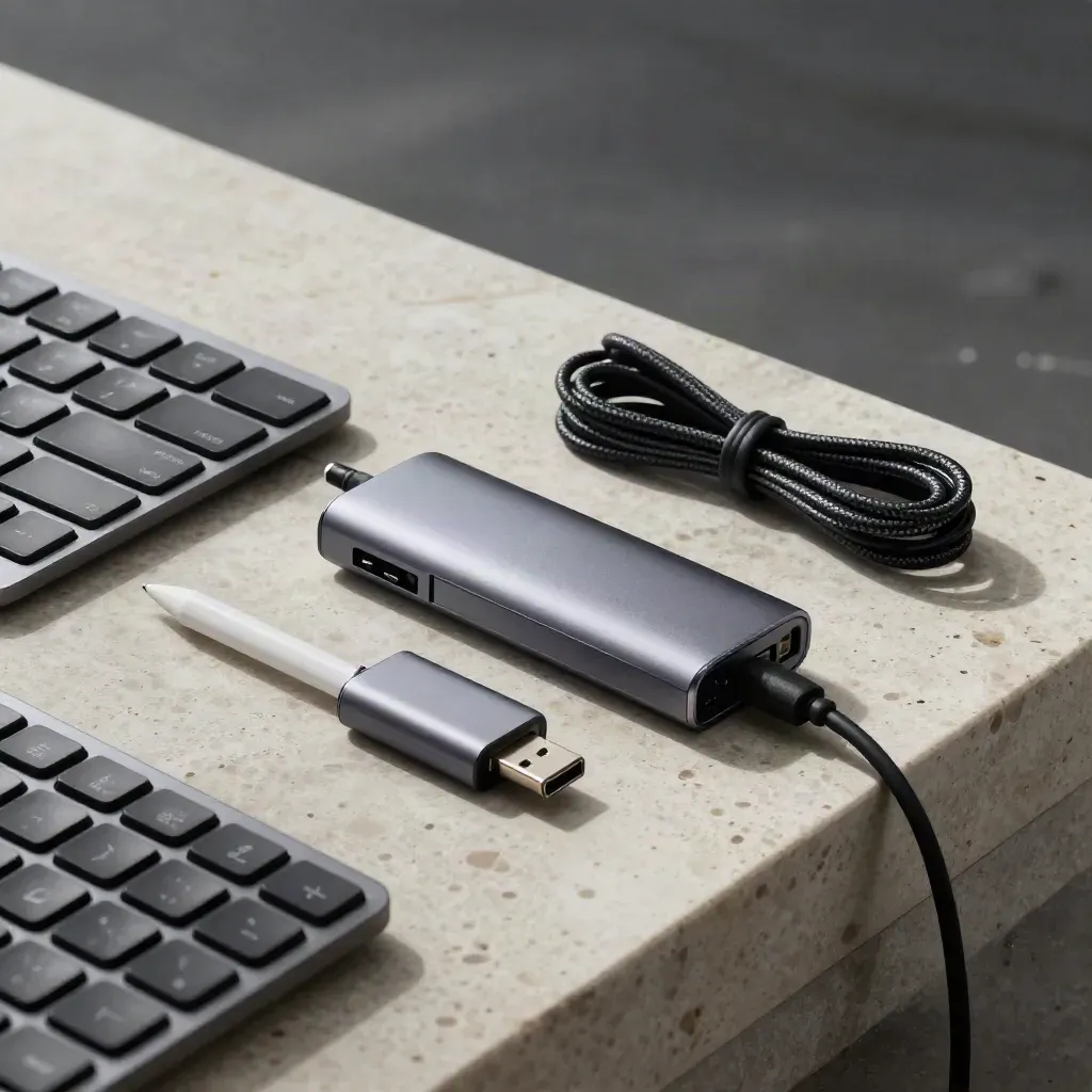 IT-Set mit Tastatur, USB-Hub, Stift und Docking-Adapter auf hellem Stein, dramatisch beleuchtet.