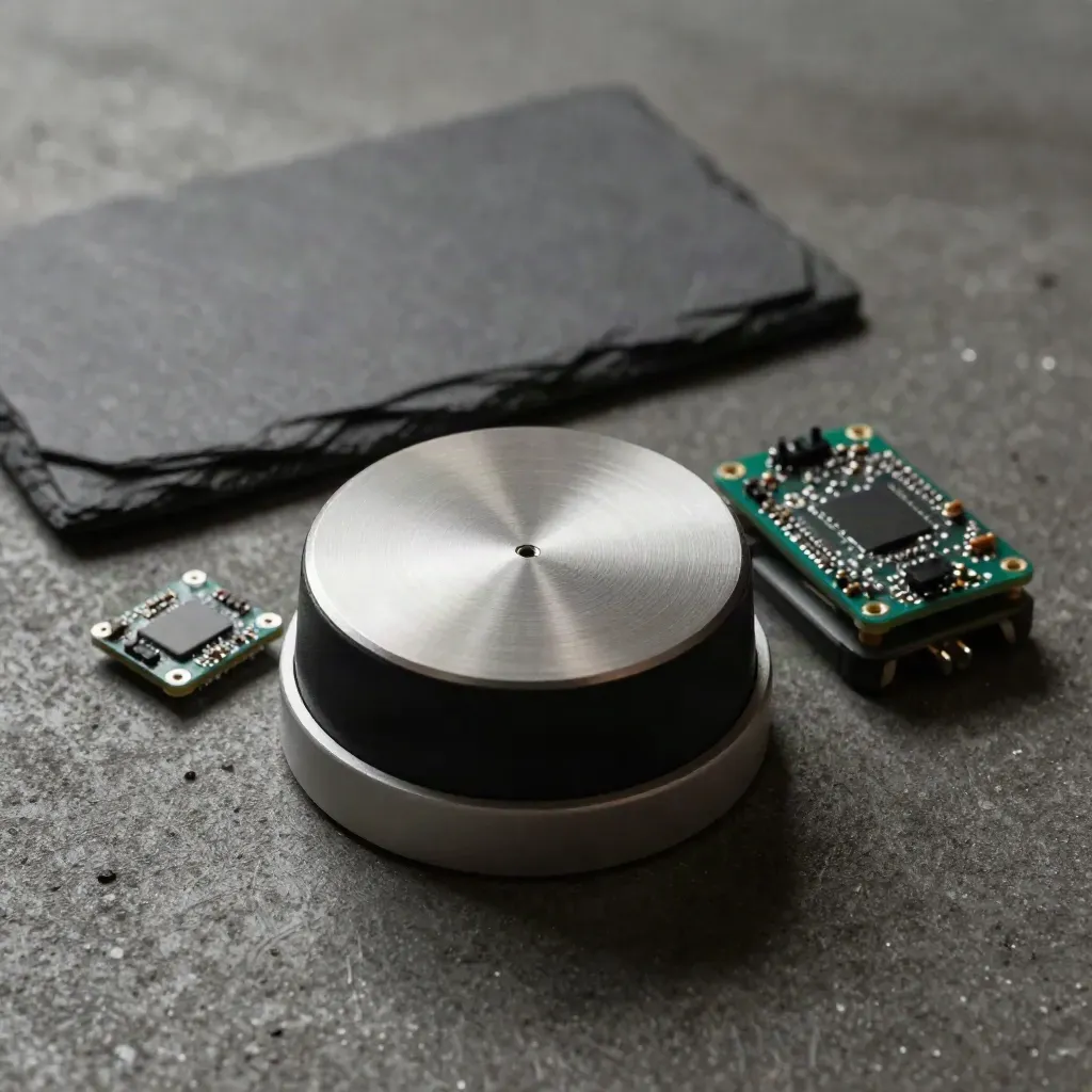 KI-News-Stillleben mit Sprachassistent-Puck, Sensor-Modul, Board und Ladebasis auf dunklem Beton.
