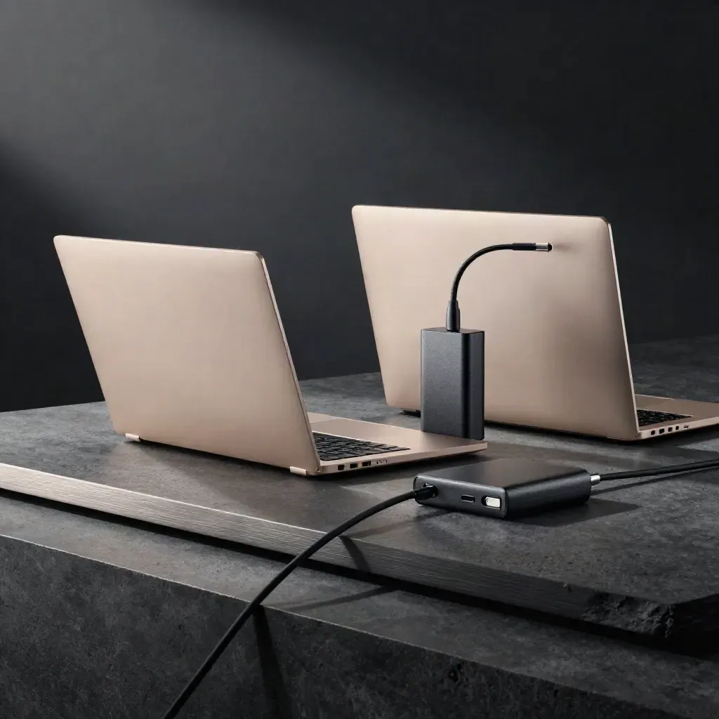 Zwei Laptops, Netzteil und SSD auf dunklem Steinsockel im dramatischen Studiolicht.