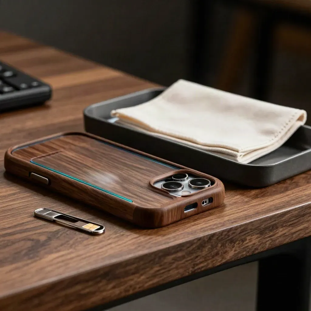 Nahaufnahme von Smartphone-Hülle, Kameraschutzglas, SIM-Nadel und Zubehörschale auf warmem Holz.