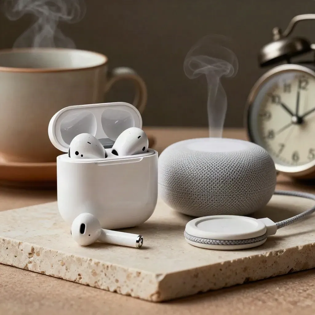 Wireless-Earbuds, Smart Speaker, Ladepuck und Wecker auf Stein mit Dampf und dunklem Hintergrund