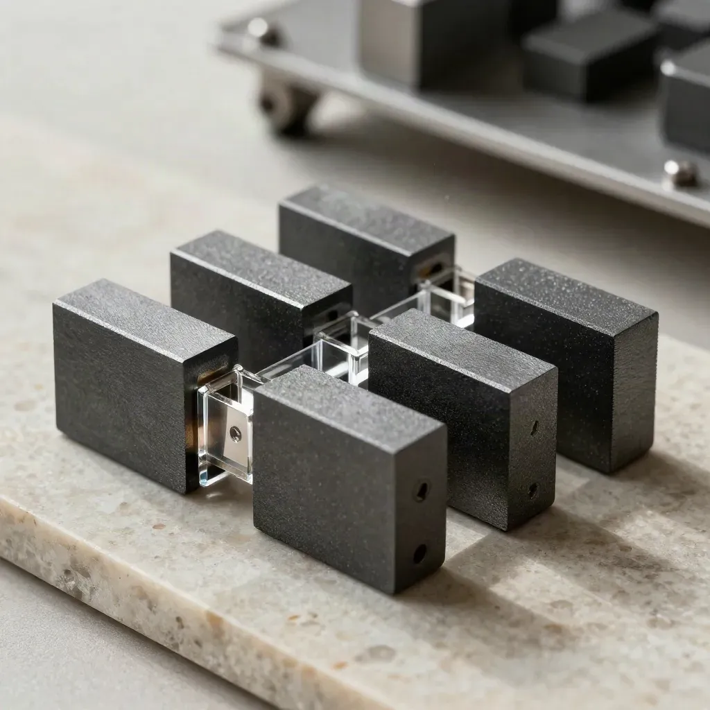 Gefräste Metallbrackets und Verbindungsklötze auf mattem Stein, in kühlen Grautönen.